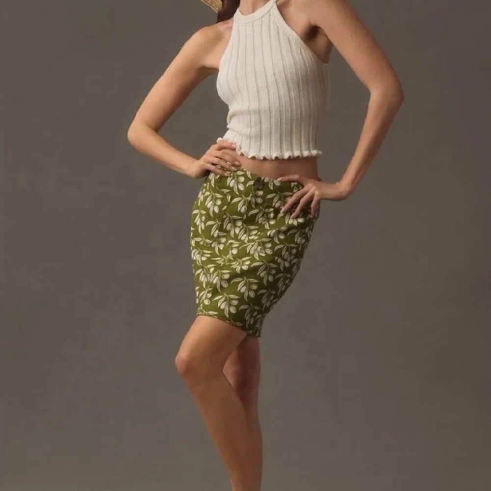 New Anthropologie The Colette Linen Mini Skirt Printed High Rise Green White XS
